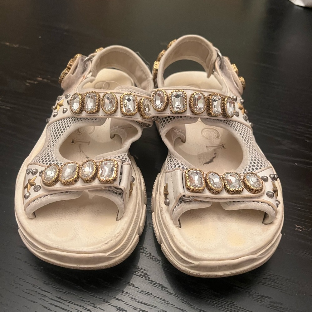 Gucci White and Gold Embellished Sandals